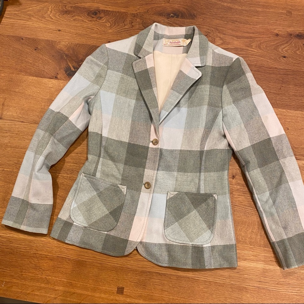 Vintage Young Pendleton Forest Green and Baby Blue Plaid Fitted Wool Blazer